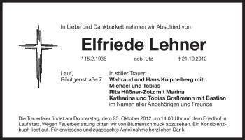 Traueranzeige von Elfriede Lehner von Pegnitz-Zeitung